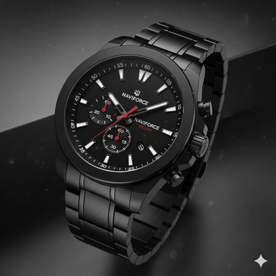 Relógio Naviforce cronógrafo masculino preto em aço inoxidável com mostradores funcionais