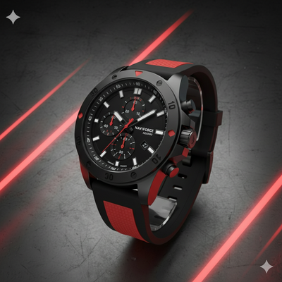 Relógio Naviforce Esportivo masculino preto com detalhes vermelhos e pulseira de borracha