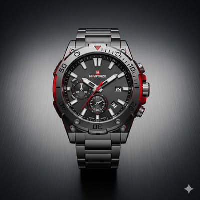 Relógio Naviforce Original masculino em aço inoxidável preto com detalhes vermelhos, mostrador cronógrafo e pulseira metálica